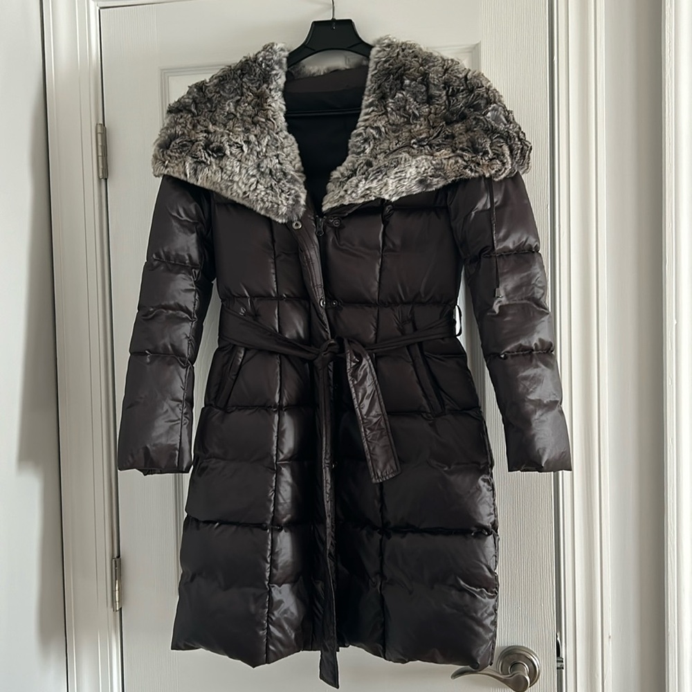 Down jacket with rabbit fur collar